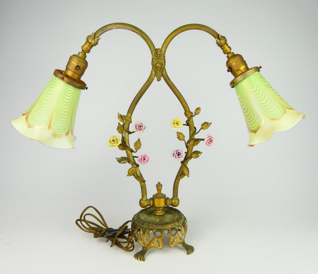 GILT METAL FLORAL LAMP w PULLED FEATHER SHADES (1 of 5)