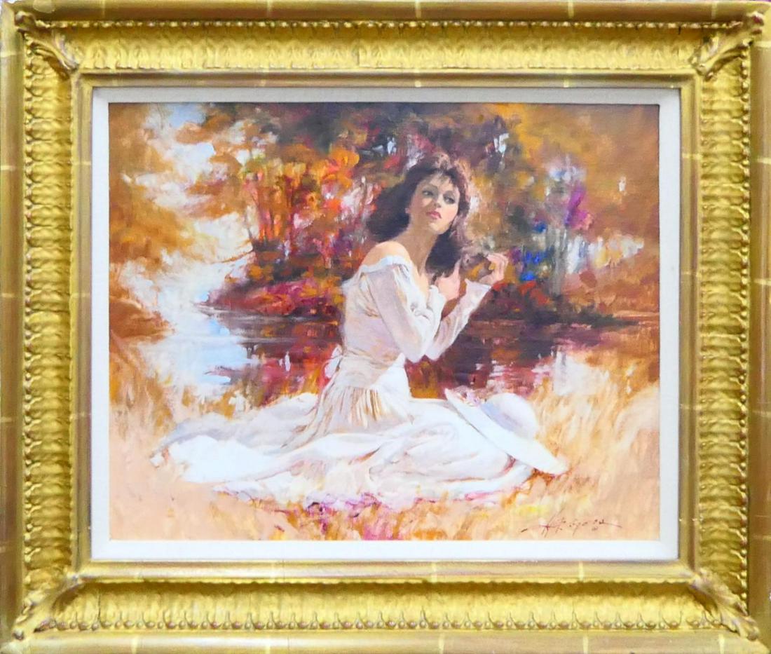 HENRY ROGERS (USA B1932) O/P OF YOUNG WOMAN: Howard Rogers (AMERICAN / ARIZONA / CALIFORNIA / Born 1932) oil painting on canvs depicting the portrait of a seated young beauty wearing a white dress in an exterior Autumn scene. Signed to lower rig