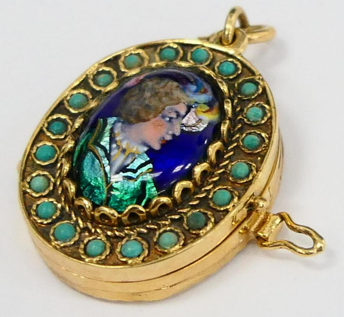 14KT YELLOW GOLD & LIMOGES FRENCH LOCKET: About 3/4" oval, has hand painted porcelain insert, Accented with turquoise small beads. Total weight 12.84 grams / 8.25 DWT