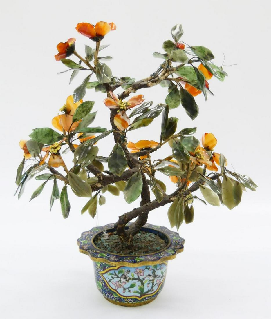 FABULOUS VINTAGE CLOISONNE AND JADE TREE: Extraordinary cloisonne 5" bowl. Tree extends up another 14" . Carnelian flowers on dark green jade leaves. Some small loses . Dates to mid Century. Third party shipping required