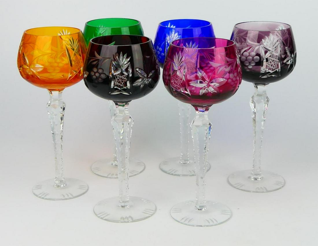 SET OF (6) BOHEMIAN CUT TO CLEAR WINE GLASSES: Different colors; Each glass measures 8" tall and 2 1/2" wide