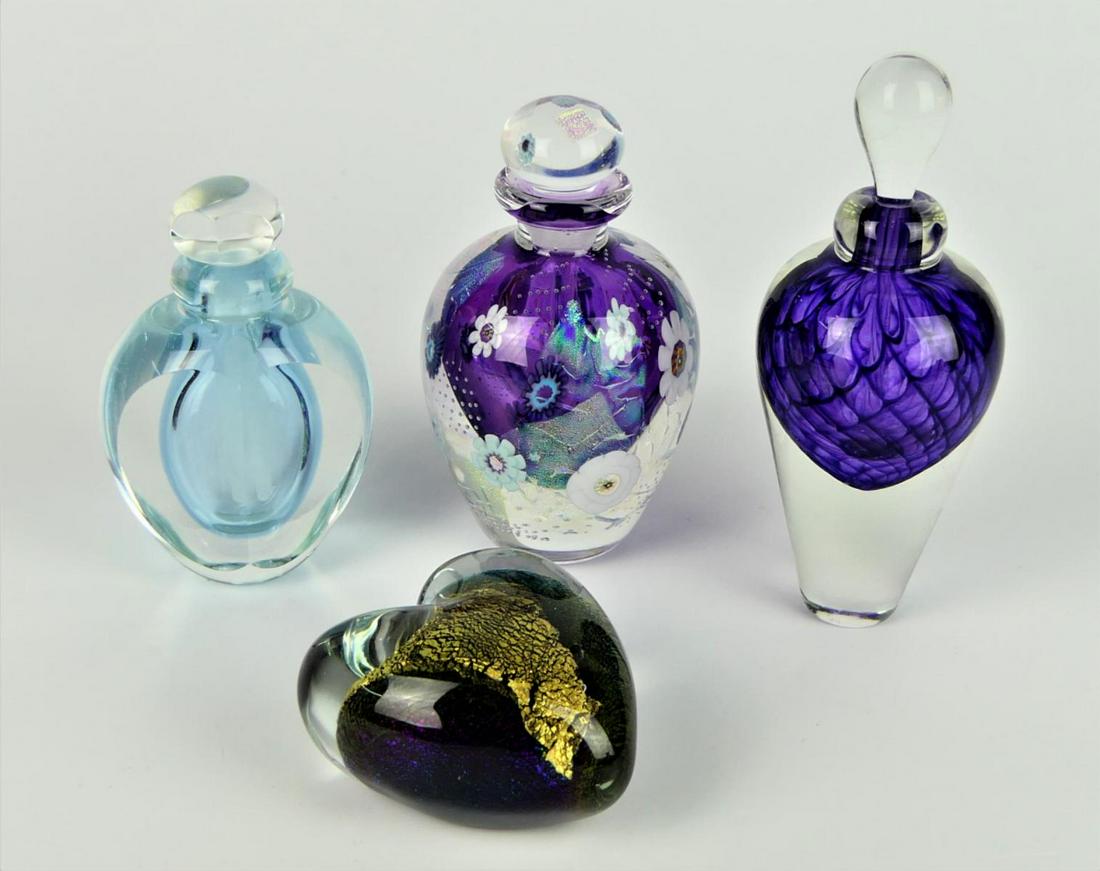 4 PCS SIGNED STUDIO GLASS OBJECTS: 4 PCS SIGNED STUDIO GLASS OBJECTS, including Black Sheep Glass perfume (5"), James Clark perfume (4 3/8"), Robert Eickholt heart paperweight (3"), and ? signed perfume (5 3/4"). All pieces are signed 