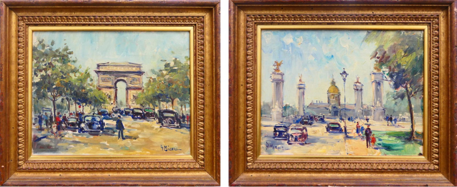 ANDRE MICHEL (FRANCE b1945) PAIR OF OIL PAINTINGS: Andre Michel (FRENCH, born 1945) a pair of oil paintings on canvas depicting French impressionist street scenes. Signed to lower left and right respectively. Mounted in matching gold gilt wooden frame