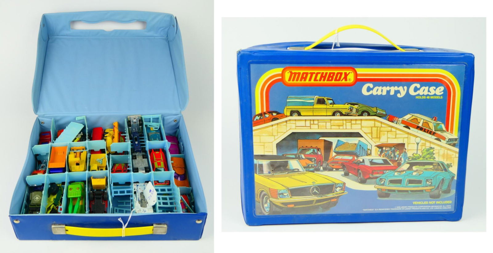 1978 LESNEY MATCHBOX 48 MODEL CARRY CASE w/ CARS: A 1978 vintage Lesney Matchbox 48 model Carry Case with various vintage cars and trucks. Case measures approx. 13" width x 10" length x 31/4" depth (33cm x 25.4cm x 8.3cm).