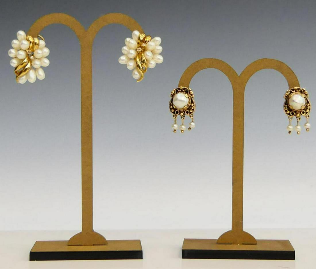 2 PAIRS OF VINTAGE 14KT Y GOLD AND PEARL EARRINGS: Largest pair about 1/2 wide cluster of Baroque pearls on gold. Both sets marked 14 kt. Total weight 11.1 grams / 7.2 DWT
