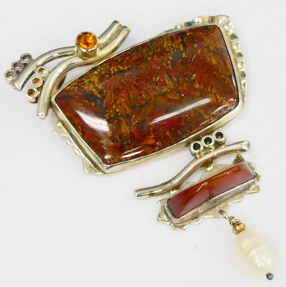 CHRISTOFLE 14KT Y GOLD STERLING JEWELED PENDANT: 2" long agate and Carnelian pin in sterling . Accented with citrine and baroque pearl. Signed to back Christofle. Total weight 33 grams