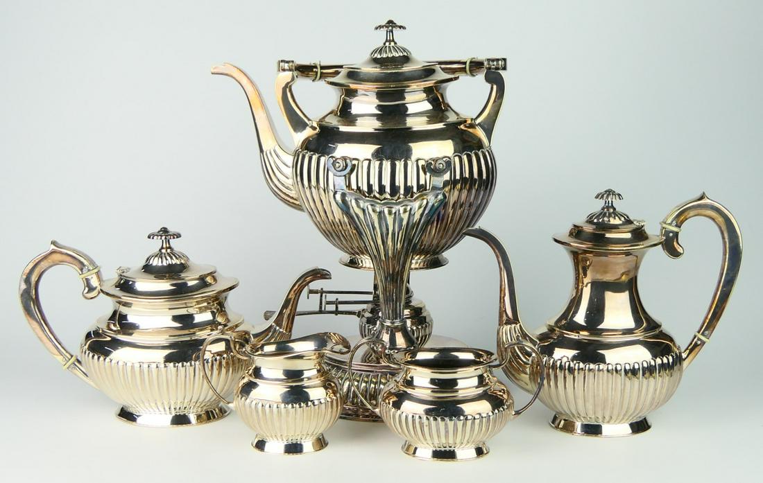 RUSSIAN ANTIQUE 84 SILVER 6 PIECE TEA SET RARE: Bears the 84 Zolotnik silver mark. Town mark of Kiev, with the Kokoshnik mark. dates to 1906.BP is the silver smith mark. Set consists of a rare tea pot 9" plus handle, has the original burner and sta