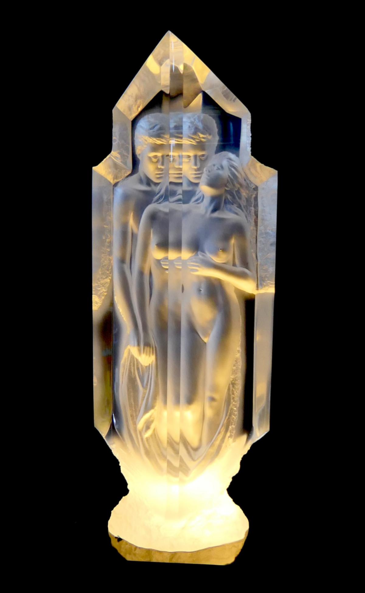 MICHAEL WILKINSON (USA B1954) "TEMPLE" w/ PEDESTAL: Michael Wilkinson (AMERICAN / CALIFORNIA / NEW YORK, Born 1954) clear and frosted acrylic sculpture depicting nude figures titled "A Study of Prometheans". The artist adds this note about the work: "T