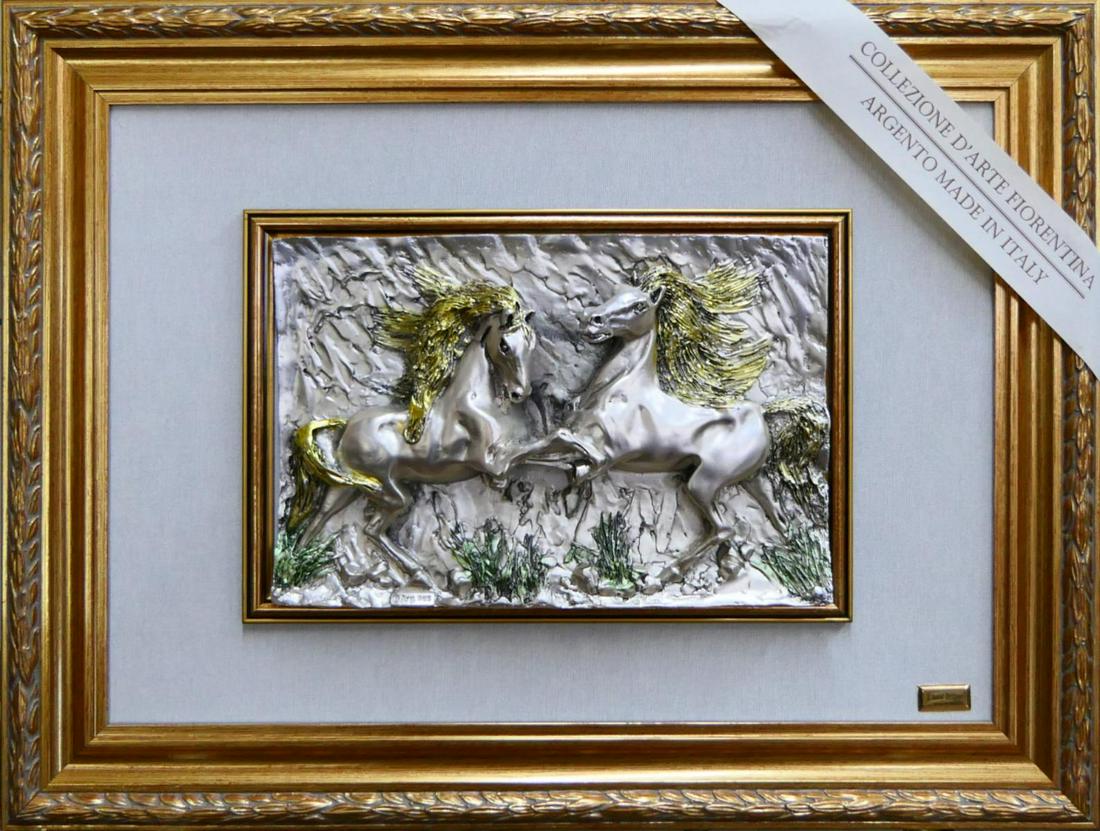 NEW ART SILVER OVERLAY DOUBLE HORSE PLAQUE ITALIAN (1 of 3)