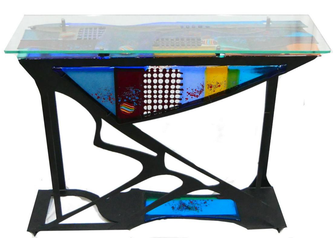 MODERNIST ART GLASS  BLACK METAL BASE TABLE (1 of 6)