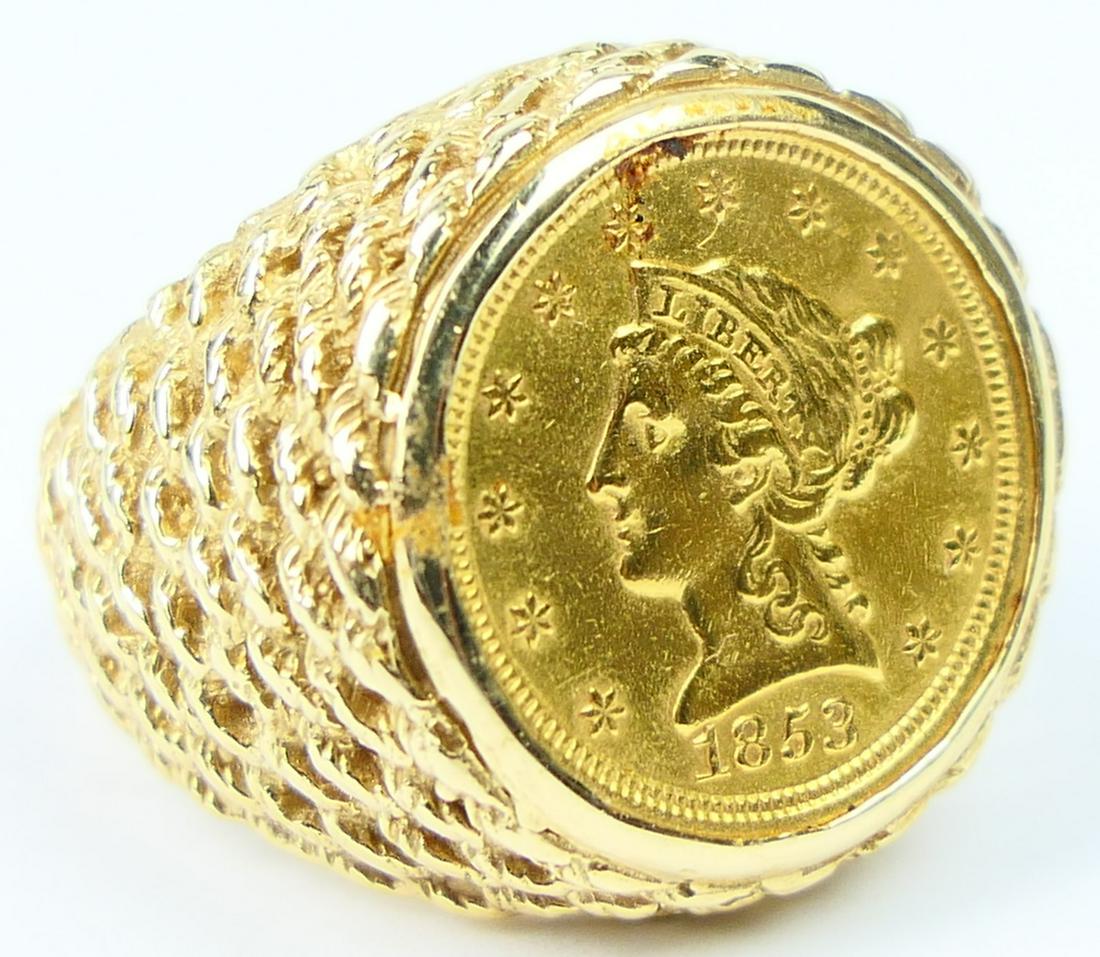 GENTS 14KT YELLOW GOLD AND GOLD COIN RING: Size 9, has U.S. 1853 $2 1/2 dollar coin as a center. Ring is textured like a nugget, A ring that is age less , total weight is 16.5 grams, 10.5 DWT