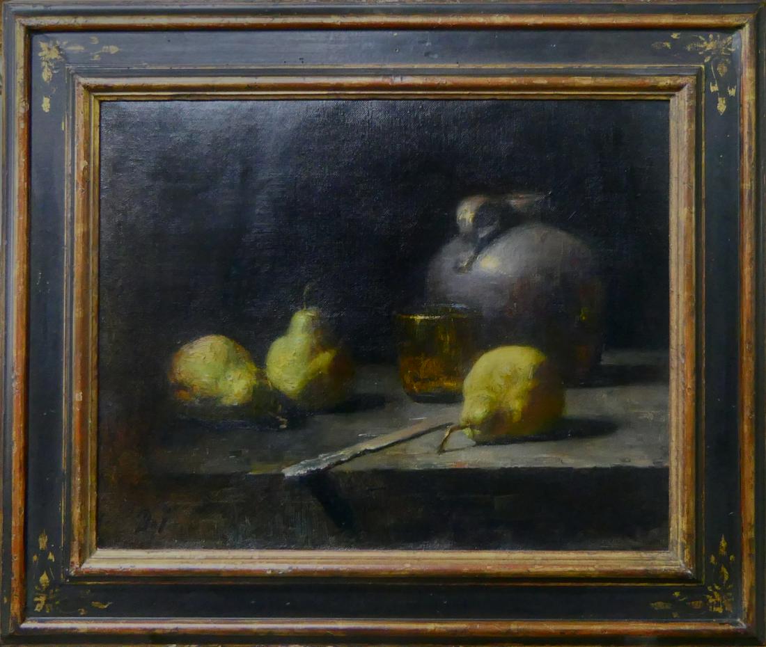 DAVID LEFFEL (USA b1931) "PEARS" STILL LIFE OIL: David A. Leffel (AMERICAN / NEW YORK / NEW MEXICO, born 1931) oil painting on canvas depicting a still life scene with pears, knife, cup and stoneware jug. Signed to lower left. Mounted in black and g