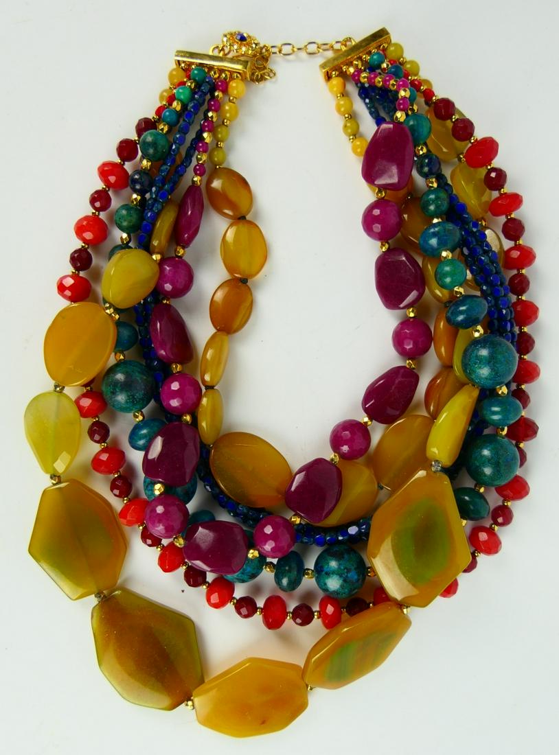 VINTAGE JOSE BARRERA ETHNIC HEAVY NECKLACE: About 32" long, real semi precious stones and 14kt y gold spacers. One of the best names in jewelry.