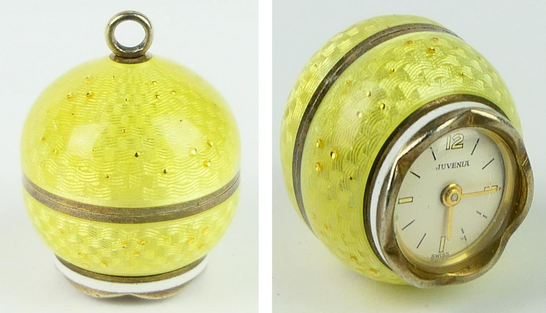 RARE VTG. JUVENIA 14KT G. GUILLOCHE EYE BALL WATCH: Measures about 5/8" wide, yellow enamel, 14kt yellow gold trim, mid century