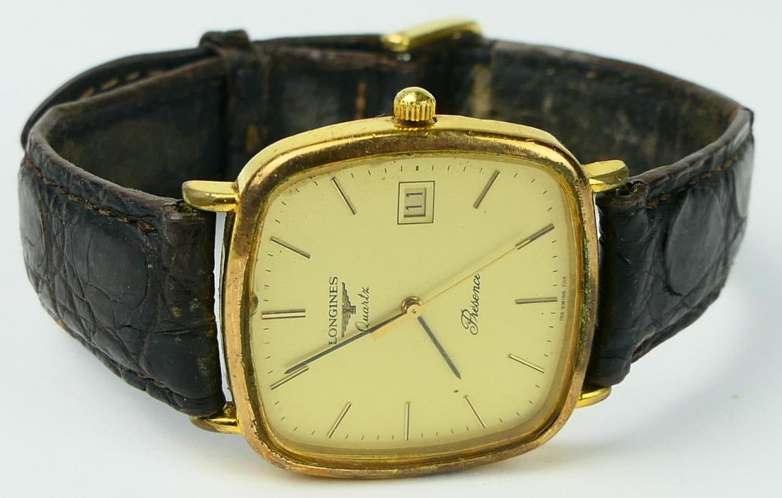 LONGINES GENTS PRESENCE WATCH: Serial number 24722695 tan porcelain face, brown leather strap