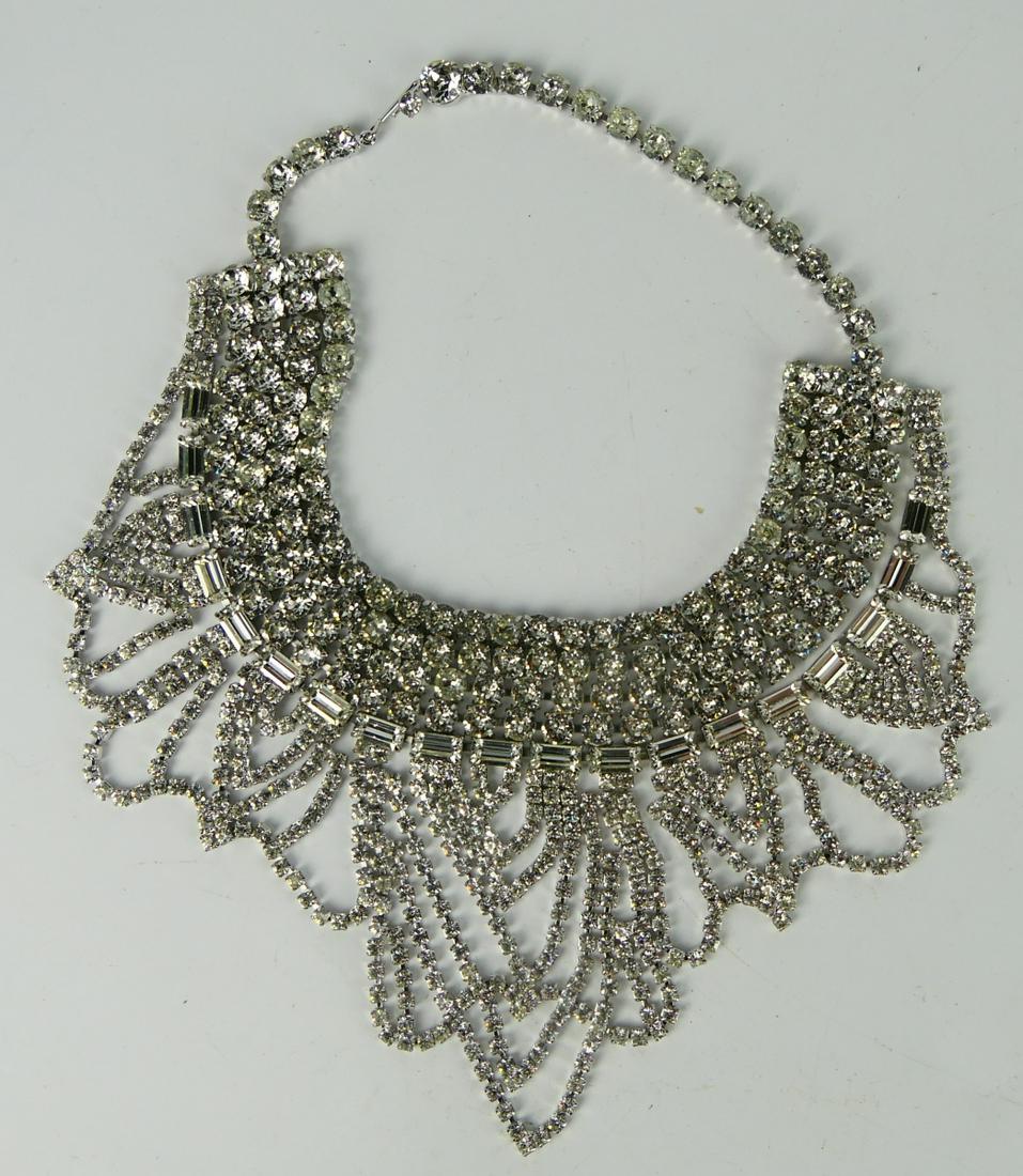 RARE SIGNED WEISS LARGE SILVER TONE NECKLACE: Measures 16" long, mid century, from the Audrey Meadows estate. Silver tone with, rhinestone and or marcasite stones