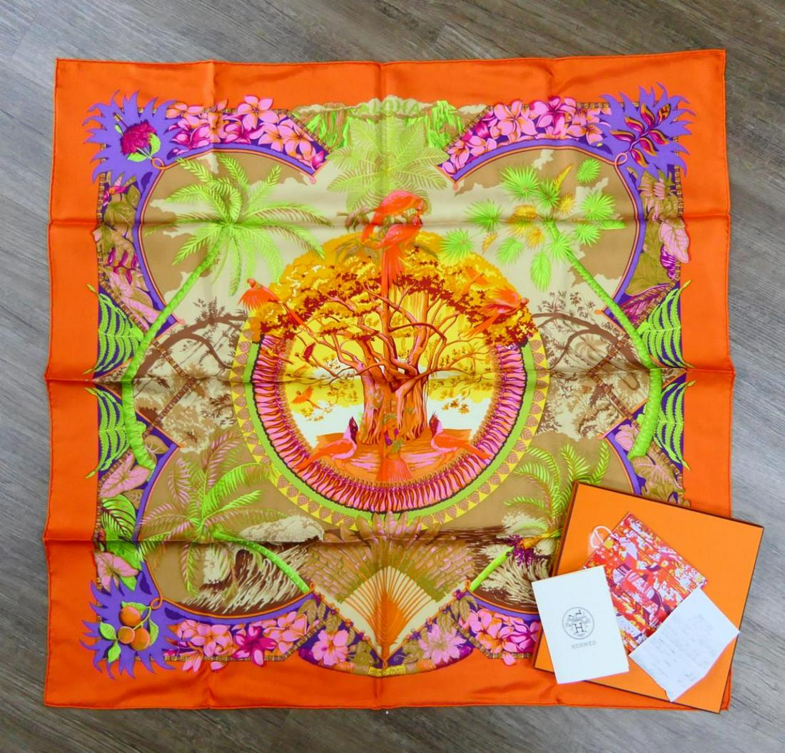 HERMES 2010 SCARF WITH BOX AND PAPERS LIKE NEW: Has original receipt for $400, we will throw in a scarf tieing book from Hermes as well, also in box