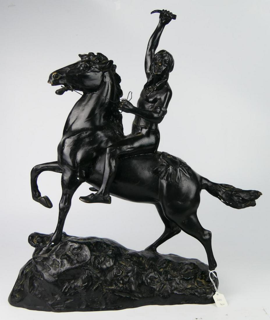 LARGE BRONZE INDIAN WARRIOR MANNER OF REMINGTON: Measures 22" tall and 19" wide, cast vintage bronze is signed Komart. Great detail, and very heavy