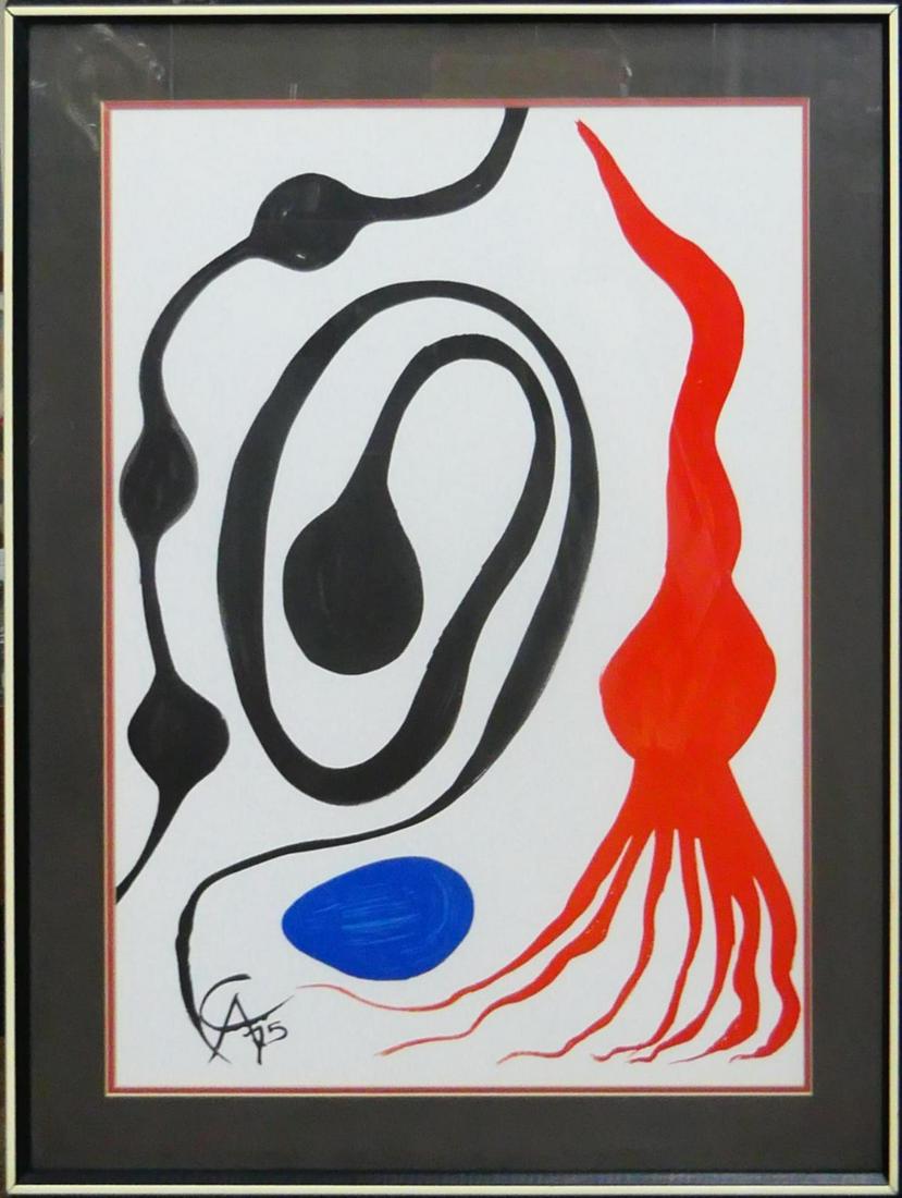 ALEXANDER CALDER (USA 1898-1976) LITHOGRAPH: Alexander (Sandy) Calder (AMERICAN / CONNECTICUT / NEW YORK / FRANCE, 1898 - 1976) lithograph having a red, blue and black abstract design. Initialed in the plate and dated 1975. Mounted in a black pa