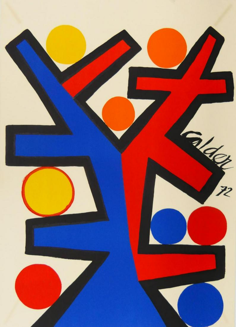 ALEXANDER CALDER (USA 1898-1976) LITHOGRAPH: Alexander (Sandy) Calder (AMERICAN / CONNECTICUT / NEW YORK / FRANCE, 1898 - 1976) lithograph having a red and blue abstract design. Signed in the plate and dated 1972. Unframed. Measures approx. 32" 