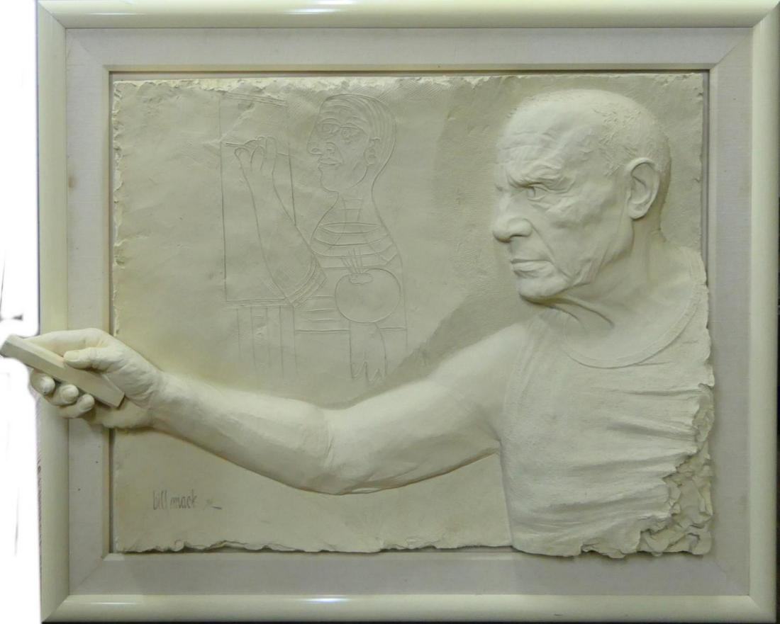 BILL MACK SCULPTURE OF PICASSO: PICASSO, cast bonded sand and resin, signed lower left, from the numbered edition 130, with publishers’ designed frame, overall 41 x 52 x 8”
