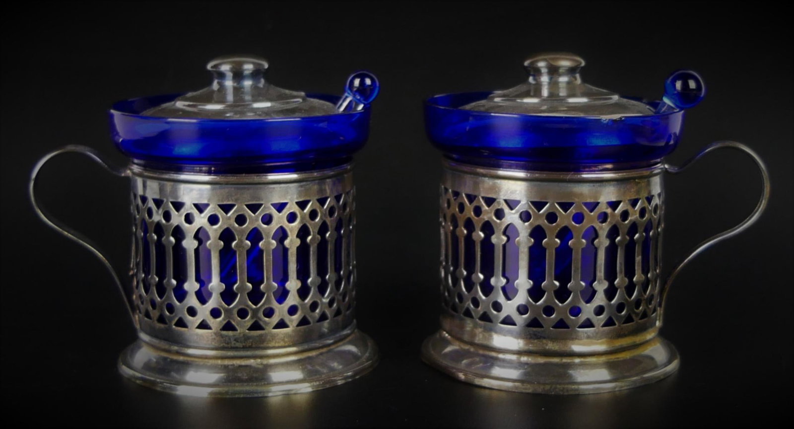 PAIR VINTAGE STERLING & COBALT LINED MASTER SALTS (1 of 5)