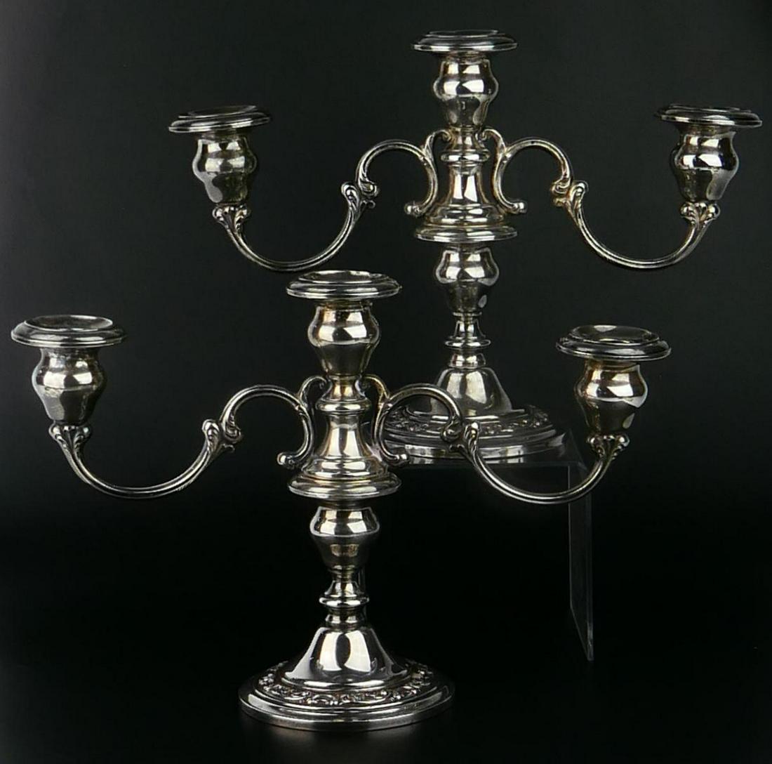 PAIR OF GORHAM STERLING SILVER 2 ARM CANDLEABRAM: Each measures 8" tall, and 11" wide, weighted sterling
