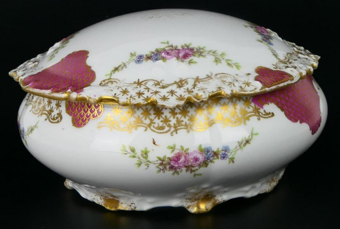 ANTIQUE LIMOGE HAND PAINTED COVERED DRESSER JAR: Measures 6 1/2" wide, dates to the early 20th century