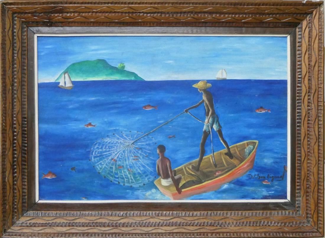 WILSON BIGAUD HAITIAN 1931-210 FIRST SCHOOL: From the first school of Haitian painters, one of the most recognized Wilson Bigaud. " Fishing for Dinner" Measures 15" X 24" plus original frame, on board signed lower right