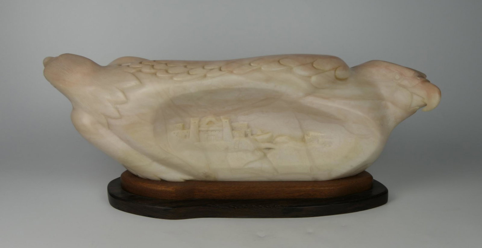 1988 ZUNI CARVING SIGNED BY SHACK DOUBLE EAGLE: One of a kind, signed. Measures 24" long by 6 1/2" tall plus base, carved in alabaster , extremely heavy