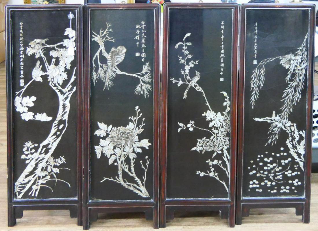 SIGNED CHINESE MOP INLAY BLACK LACQUER SCREEN (1 of 5)