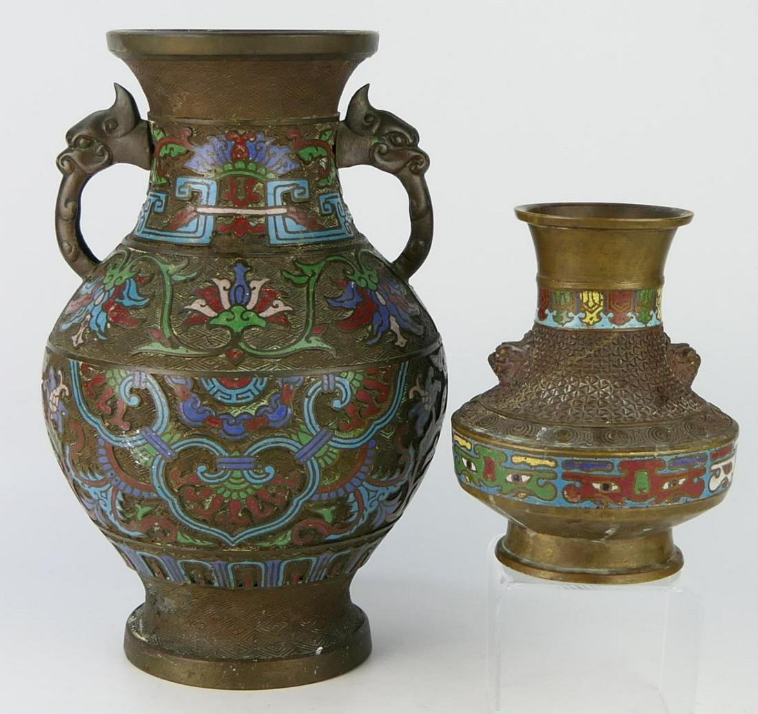 LOT OF 2 ANTIQUE JAPANESE CHAMPLEVE ENAMELED VASES (1 of 7)