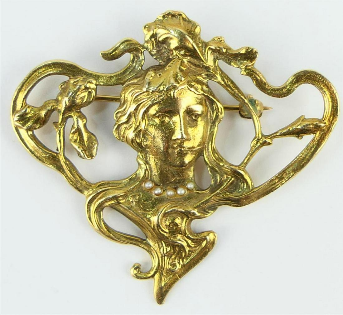 FABULOUS ART NOUVEAU 14KT YELLOW GOLD BROOCH (1 of 6)