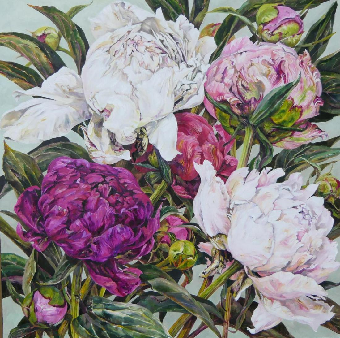 ETHELINDA ROBBINS (USA 20th/21st C) STILL LIFE OIL: Ethelinda (AMERICAN / NEW MEXICO, 20/21st century) oil painting on canvas depicting a floral still life scene with chrysanthemums. Signed to lower left. Unframed. Canvas on stretcher measures approx. 