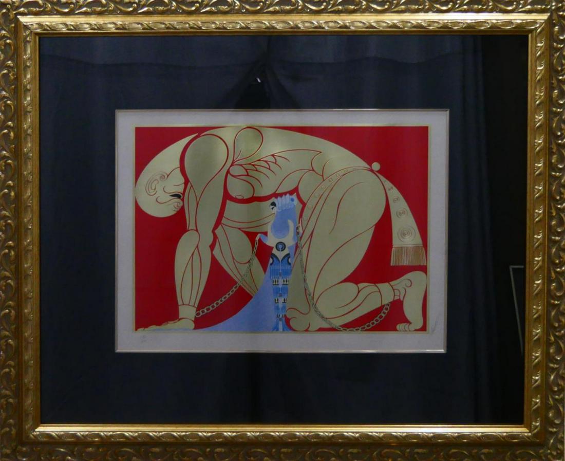 ROMAIN DE TIRTOFF ERTE SAMSON & DELILAH: "Samson & Delilah". Signed in pencil l/r. Inscribed in the lower margin. Embossed Serigraph with Gold Foil. Image measuring 15" by 20 1/2". Has margins. Sight measuring 18 1/4" by 23". Framed behind g