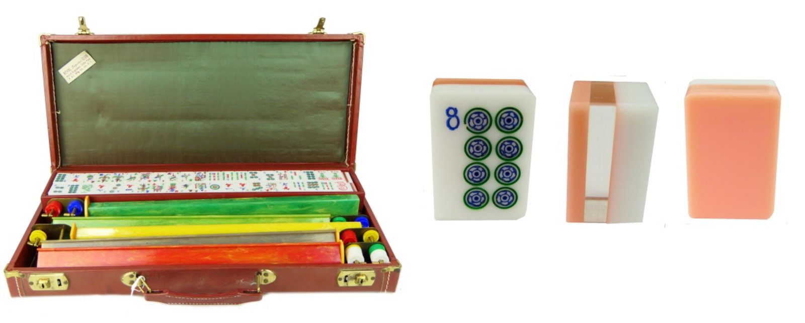 VINTAGE TRI-TONE ACRYLIC TILE MAHJONG SET w CASE: A vintage Royal Imported Mah Jong game set with leather bound case. Tiles have a tri-tone pink, clear and white acrylic tone. Includes 166 matching tiles and 5 multicolor rails with tokens. Case measu