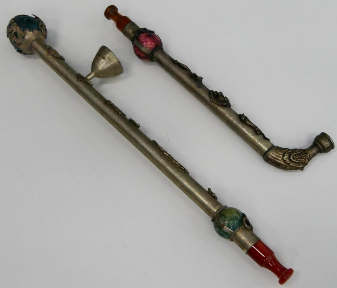2 VINTAGE CHINESE SILVER JADE & AGATE OPIUM PIPES: A lot of 2 vintage, possibly antique, Chinese silver opium pipes crafted with jade and agate. Longest approx. 14 1/4" (36.2cm).