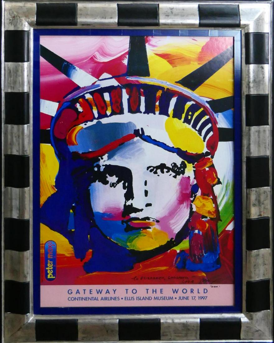 PETER MAX SIGNED "GATEWAY TO THE WORLD" POSTER: Peter Finkelstein Max (GERMAN /AMERICAN / NEW YORK, born 1937) hand signed "Gateway to the World" poster. Marker signed with dedication and dated 2001. Mounted in a very nice silver and black painted 