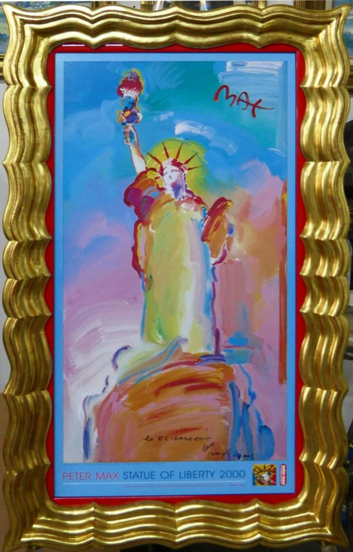 PETER MAX SIGNED STATUE OF LIBERTY POSTER FRAMED: Peter Finkelstein Max (GERMAN /AMERICAN / NEW YORK, born 1937) hand signed "Statue of Liberty 2000" poster. Marker signed to lower center and dated 2001 with "TO ELIZABETH" dedication. Mounted in a ve