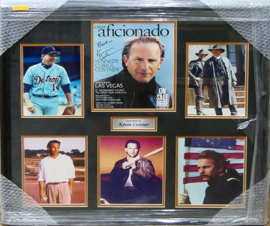 KEVIN COSTNER SIGNED MAGAZINE COVER COLLAGE FRAMED: Cigar Officionado Magazine autographed by Kevin Costner with picture collage framed. Includes letter of authenticity. Measures approx. 30 1/2" height x 30 1/2" width overall including frame.
