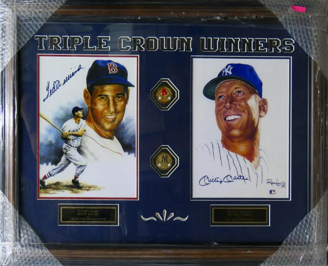 WILLIAMS MANTLE AUTOGRAPHED PHOTGRAPHS FRAMED: Ted Williams and Mickey Mantle autographed photograph collage framed. Measures approx. 26 1/2" height x 36 1/2" width overall including frame.