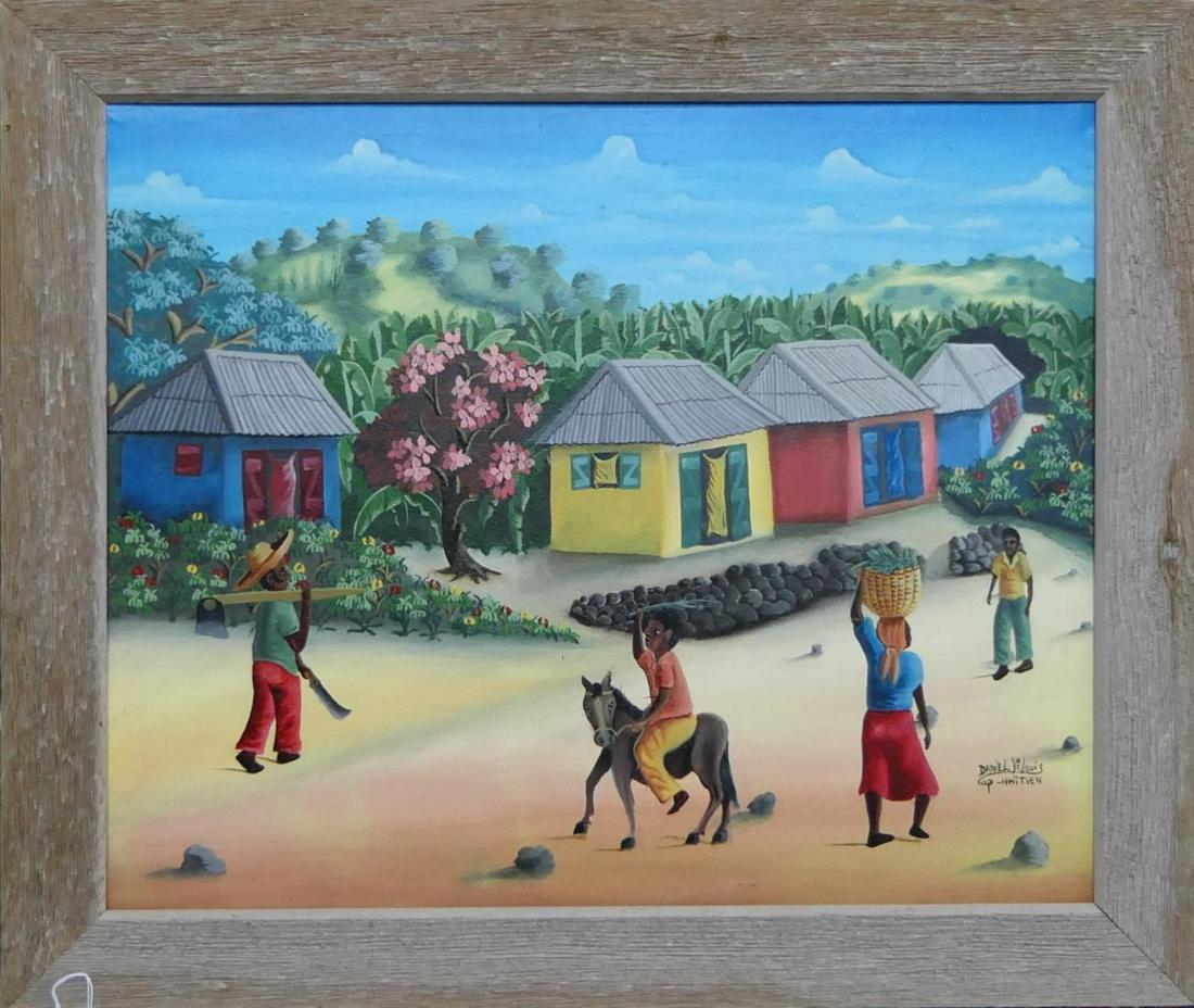 DANIEL LOUIS HAITIAN O/C SIGNED BY THE HUT: Haitian painting signed lower right Daniel Louis. Measures 19 1/2 X 24 1/2 plus 2" frame