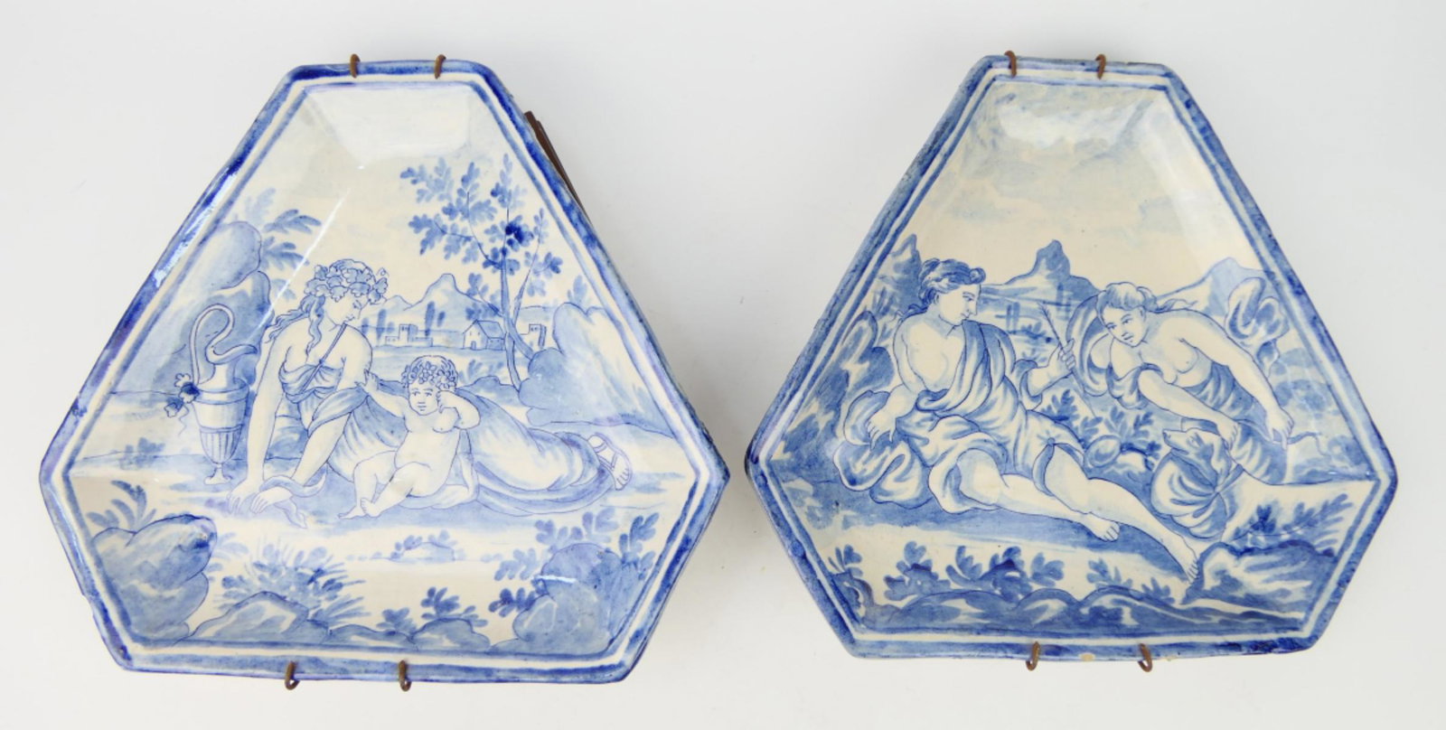 WONDERFUL PR18/19 TH CENTURY FRENCH FAIENCE PLATES: Each plate is 6 sided, with Biblical scenes, including Moses being rescued from the river as a baby. 9 1/2" in length, Blue marked to back. These hung on a Miami Beach wall for decades
