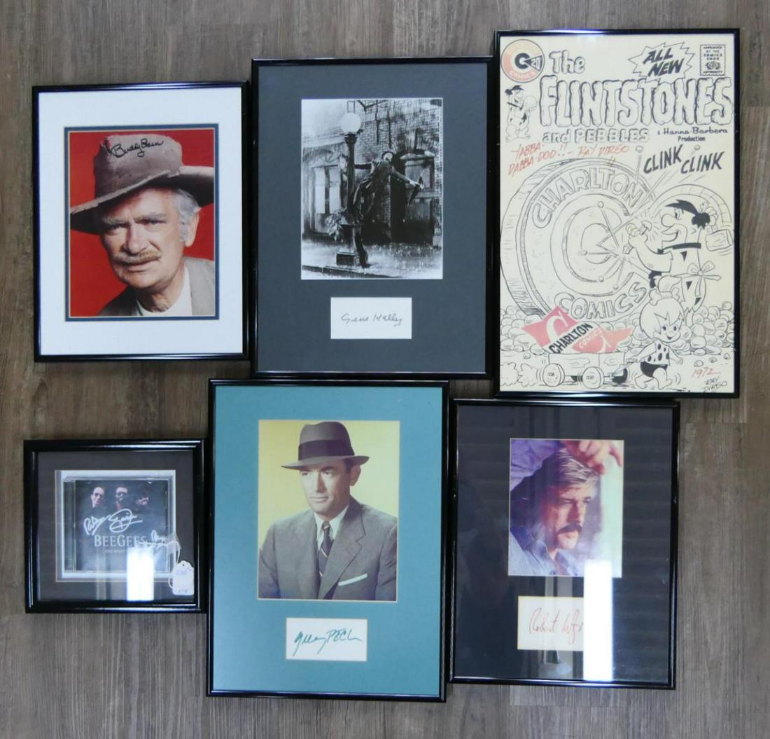 COLLECTION OF AUTOGRAPHED CELEBRITY MEMORABILLA: To include; Flintstones comic story board signed by Ray Dirgo 1972, Gene Kelly in Dancing in the rain, with COA, Buddy Ebsen as Jeb Clampett with COA, Robert Redford with COA, Gregory Peck with COA, B