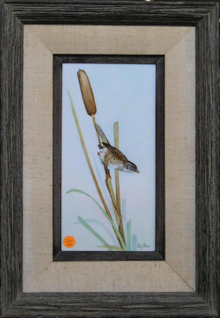 BETTY STARK PORCELAIN PLAQUE FRAMED: Measures 5 1/2" X 12" plus frame, most of her plaques were of birds.