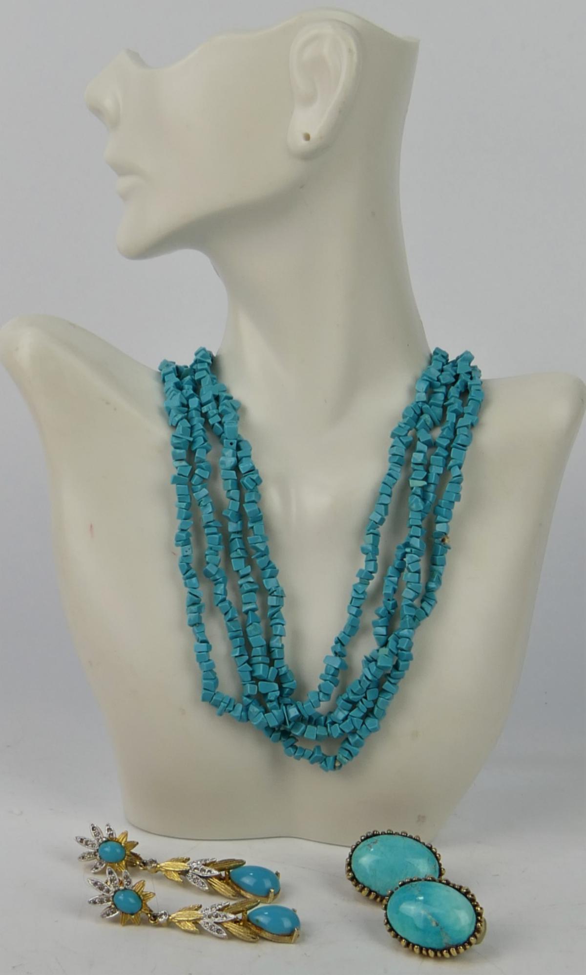 FAUX TURQUOISE ELEGANT COSTUME LOT INCLUDING CINER: 2 Sets of earrings, and 2 necklaces 34" each.