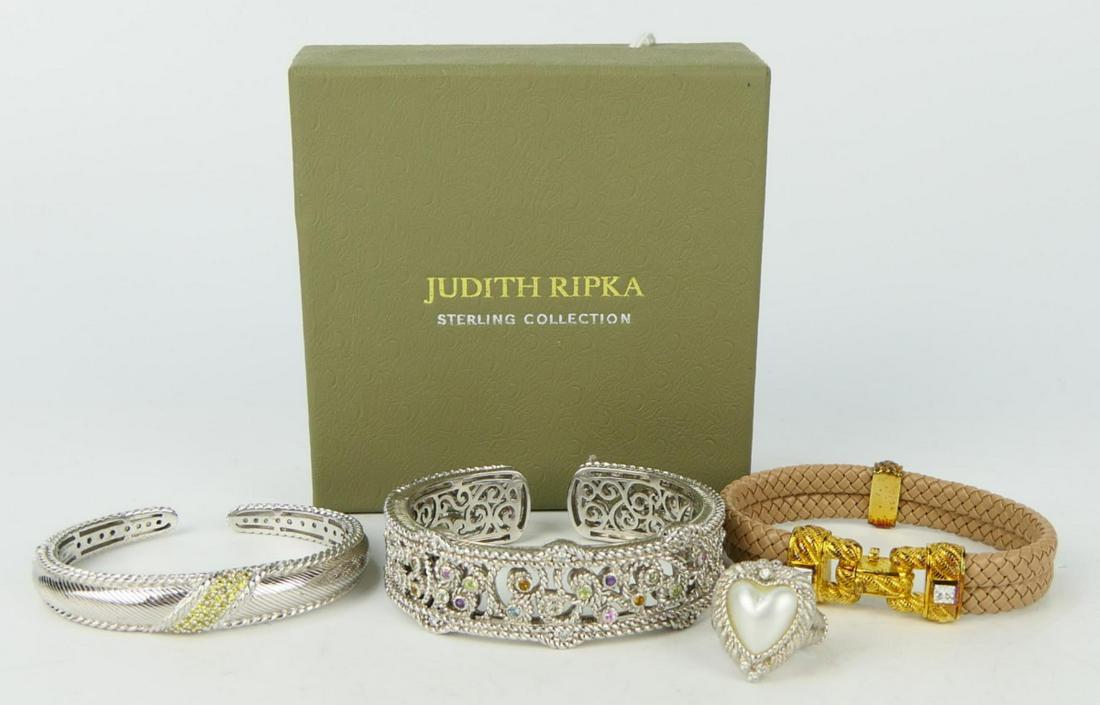 JUDITH RIPKA LOT BRACELETS AND A RING: 2 Sterling bracelets, another sterling and leather and a ring with faux pearl