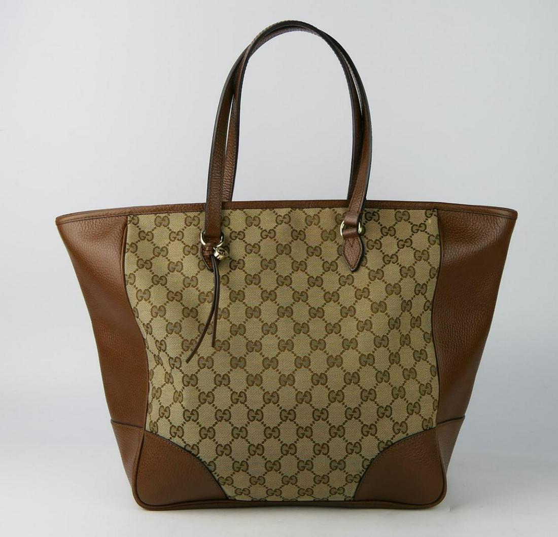 LARGE MONOGRAMED GUCCI LEATHER & CANVAS TOTE: Measures 12" wide and 12" tall. From a Boca Raton estate