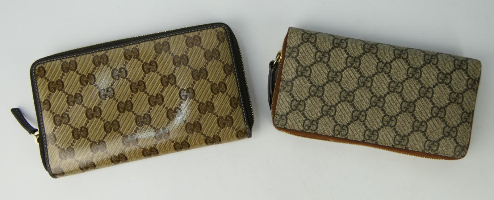 GUCCI 2 WALLETS ONE LEATHER ONE CANVAS: Both 7 1/2" X 4" from a local estate