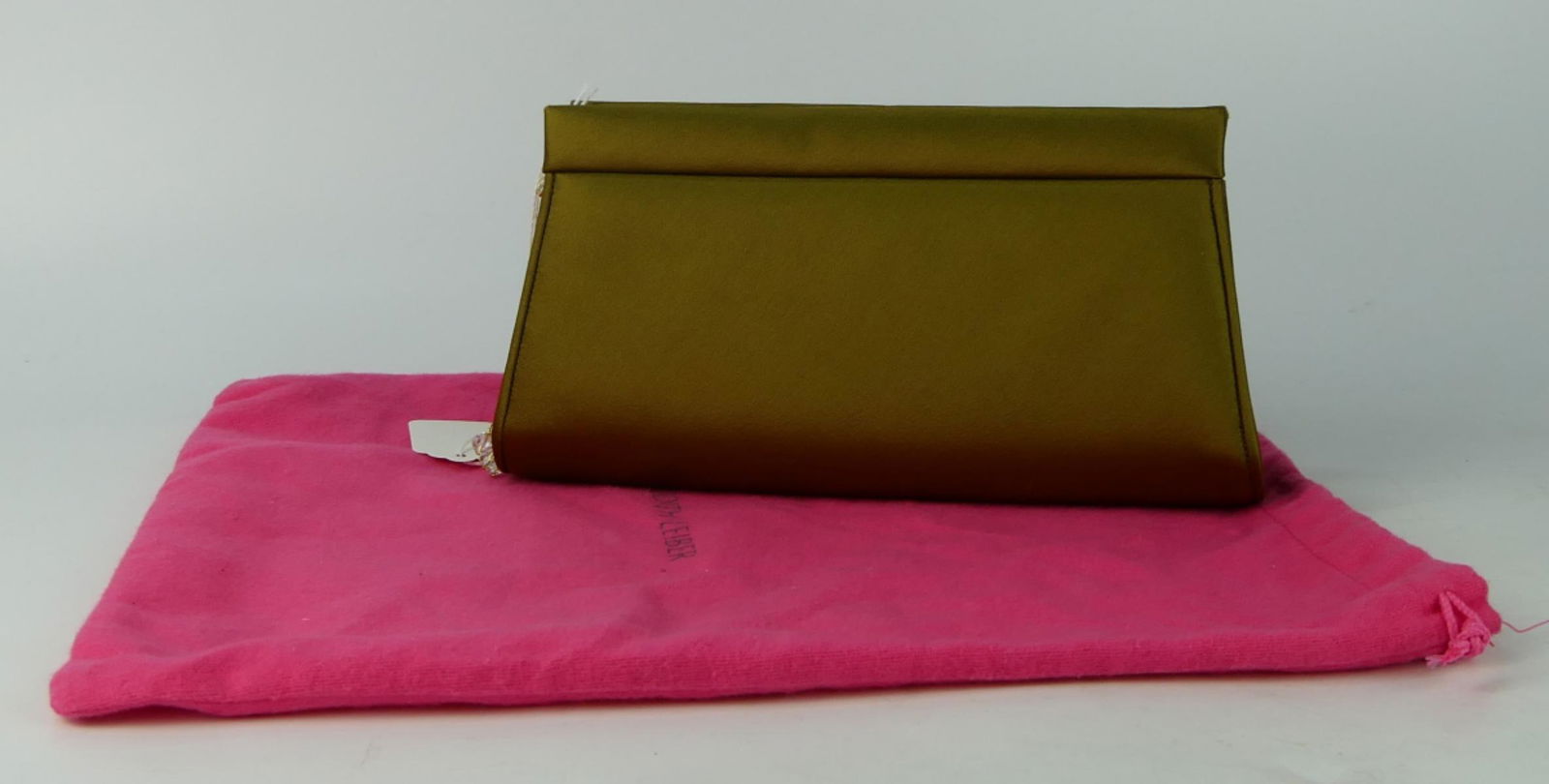 JUDITH LEIBER SATIN CLUTCH WITH DUST BAG NEW: Never used condition. Measures 8" wide X 4 1/2 long. Mustard color satin